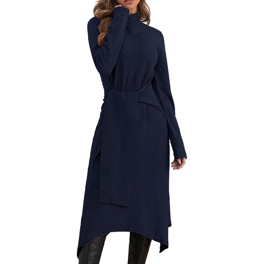 Women's Fall Sweater Dress Long Sleeve Midi Tie Front High Waist Casual